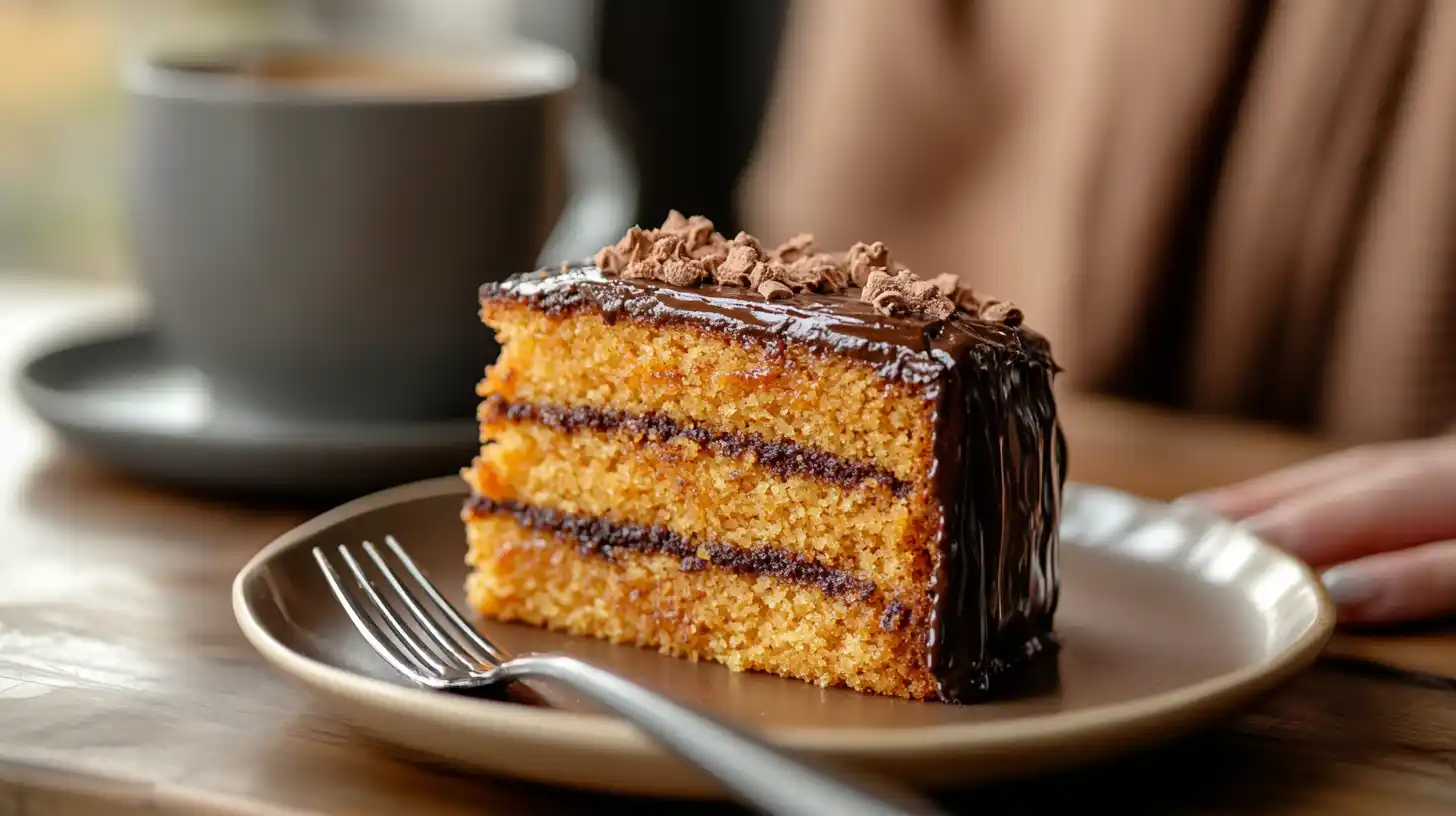 A slice of Brazilian carrot cake with rich chocolate glaze.