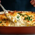 A slice of creamy corn casserole with cheese and fresh herbs.