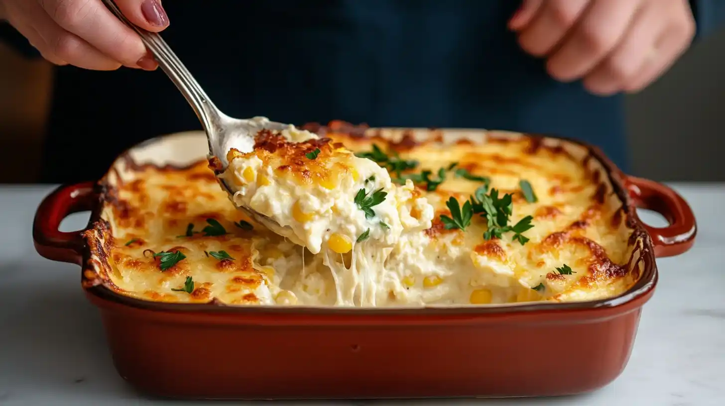 A slice of creamy corn casserole with cheese and fresh herbs.