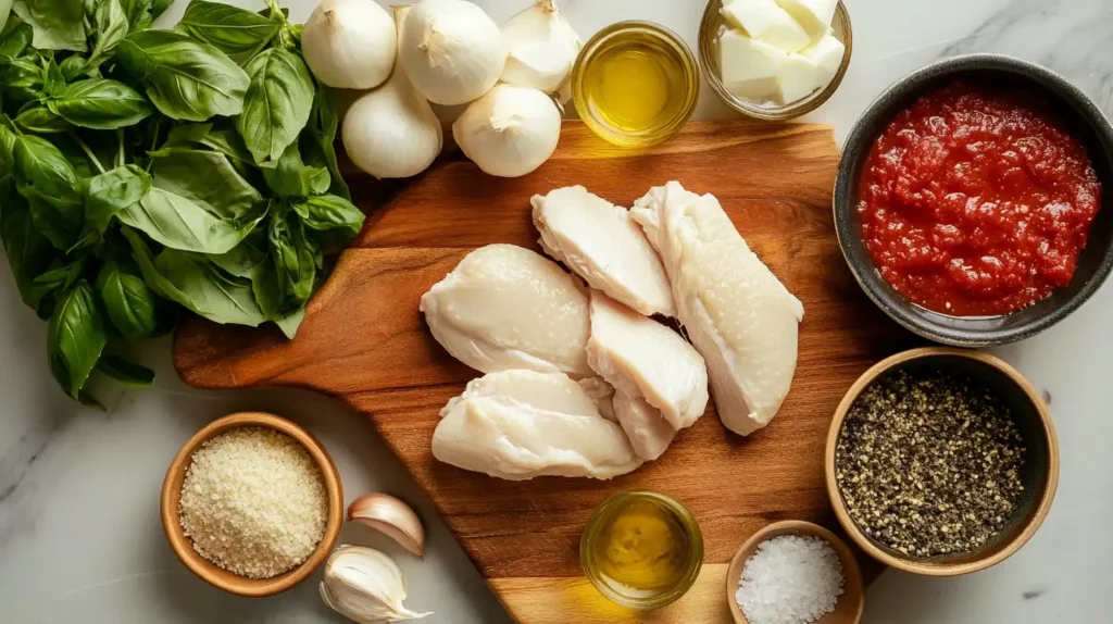 Fresh ingredients for making the best chicken marinara.