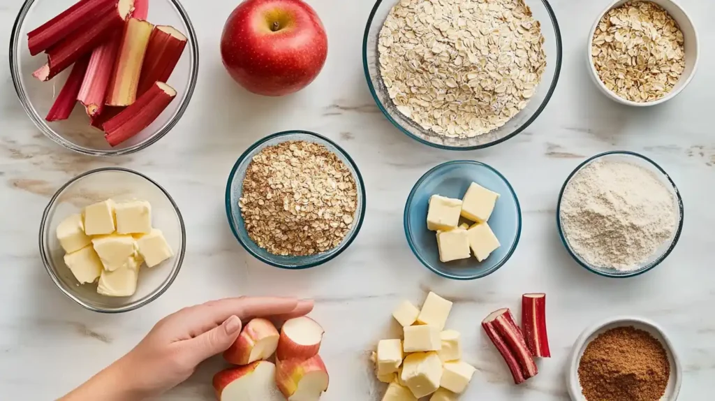 Ingredients for making apple rhubarb crisp.