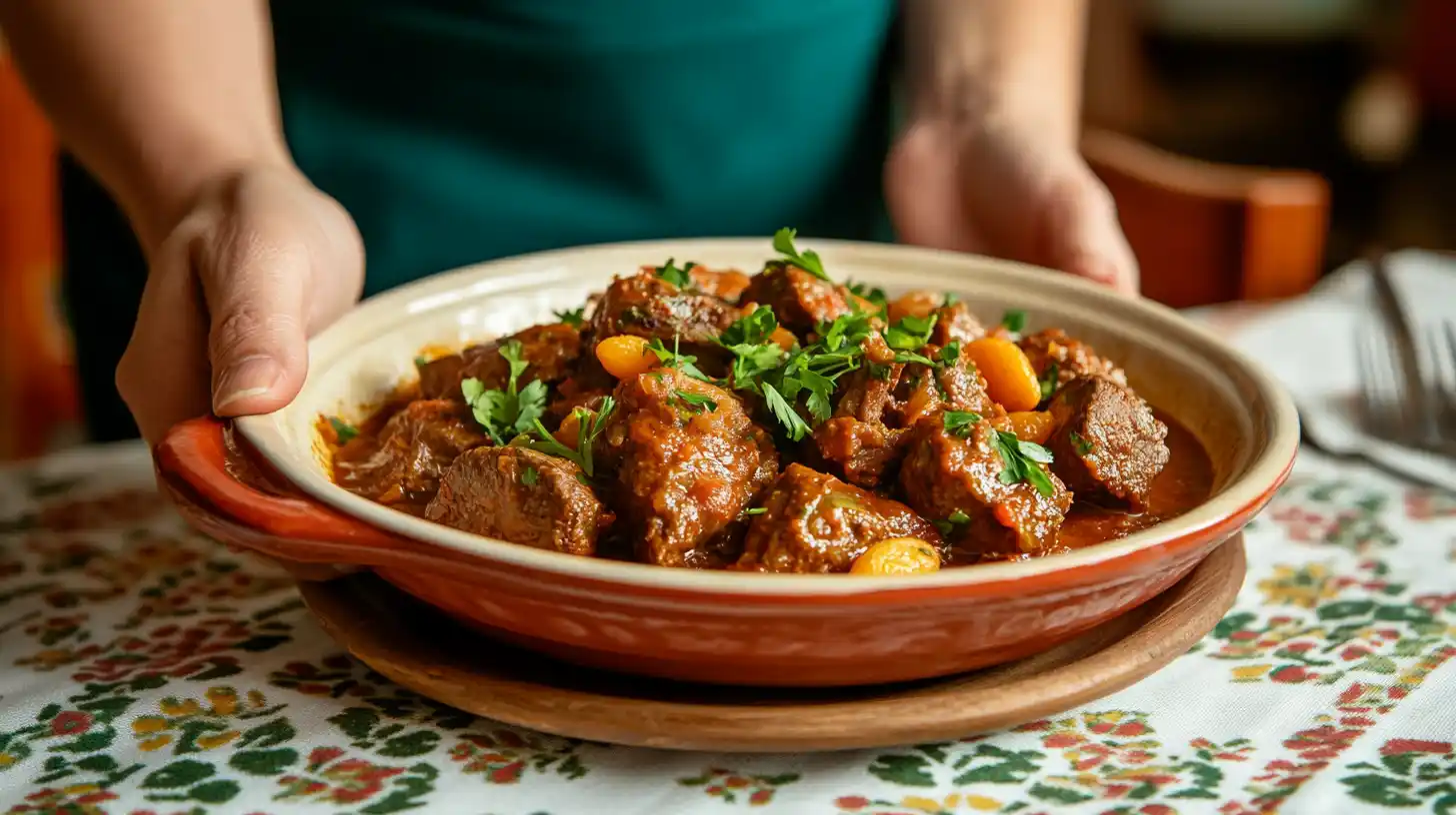 Traditional Moroccan beef tagine with dried fruits and herbs.