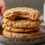A stack of peanut butter banana cookies with a drizzle of peanut butter and sea salt.