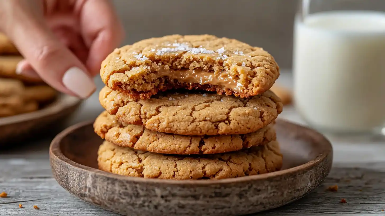A stack of peanut butter banana cookies with a drizzle of peanut butter and sea salt.
