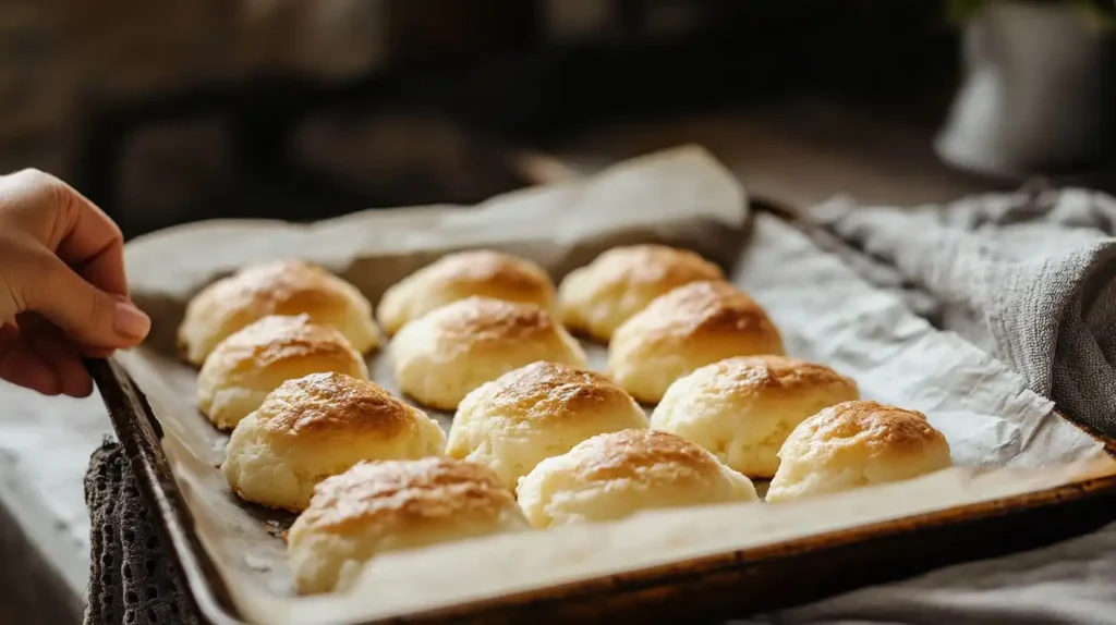 A baking tray with golden-brown cloud bread rounds cooling after baking.