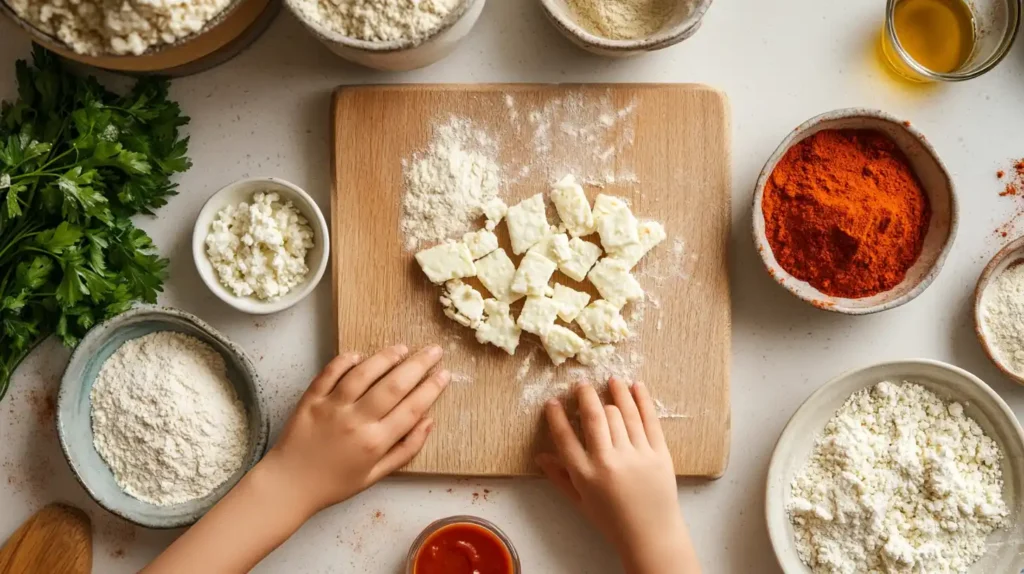 Fresh ingredients for making crispy halloumi fries.
