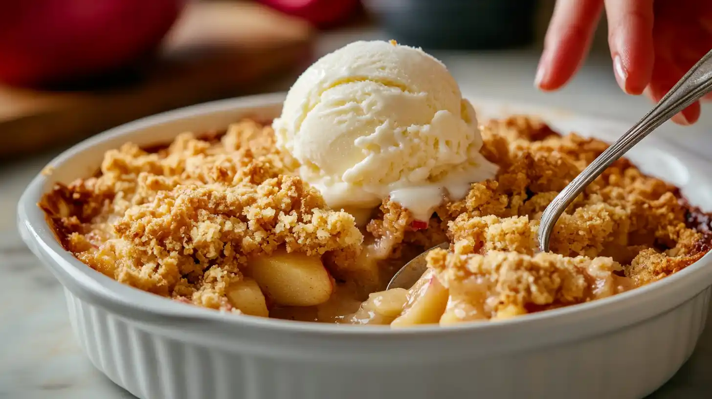A warm apple rhubarb crisp served with vanilla ice cream.