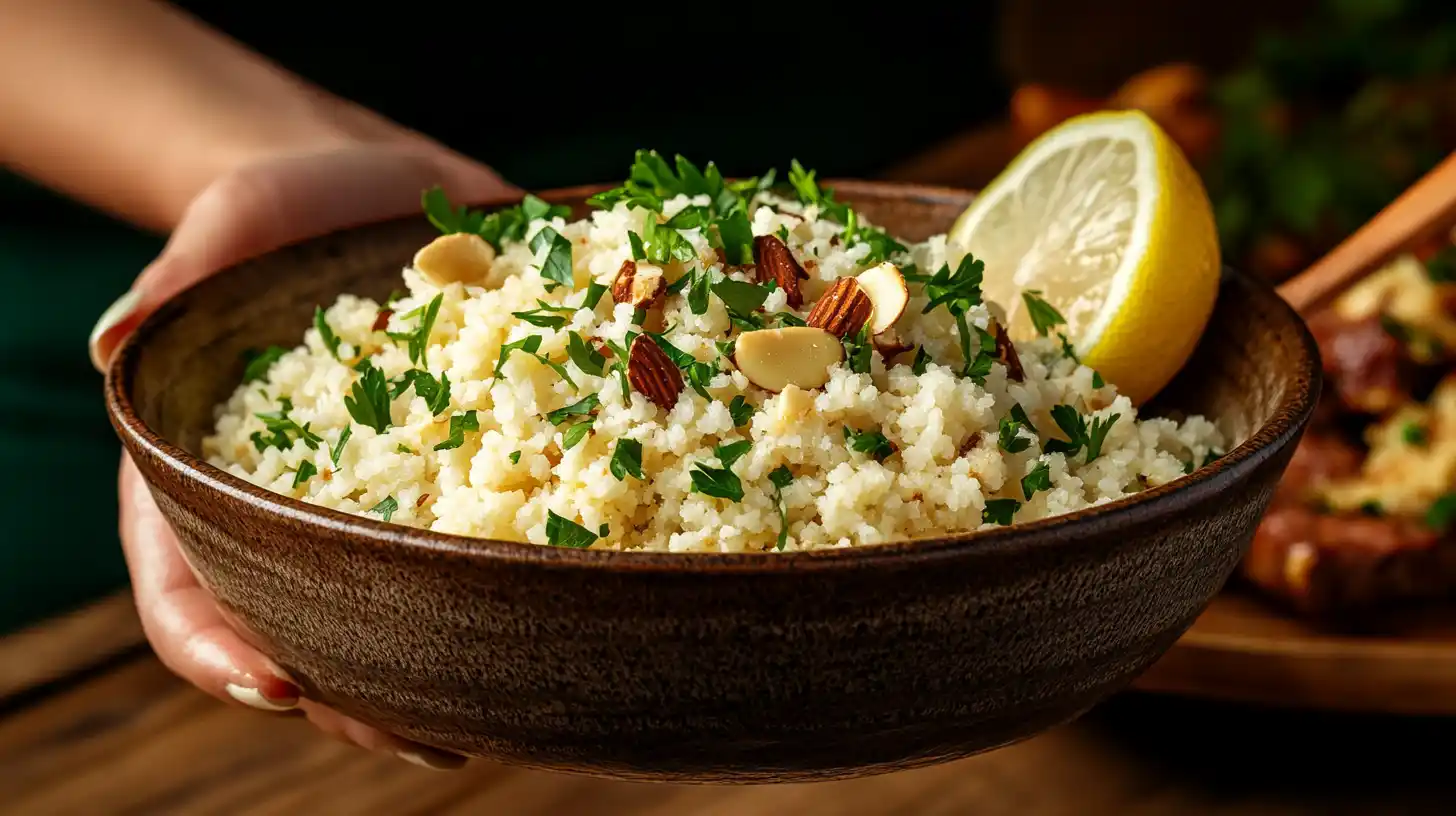 A bowl of fluffy couscous with fresh herbs and lemon.