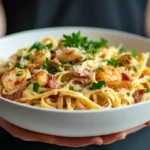 A bowl of chicken and shrimp carbonara with crispy bacon and Parmesan.