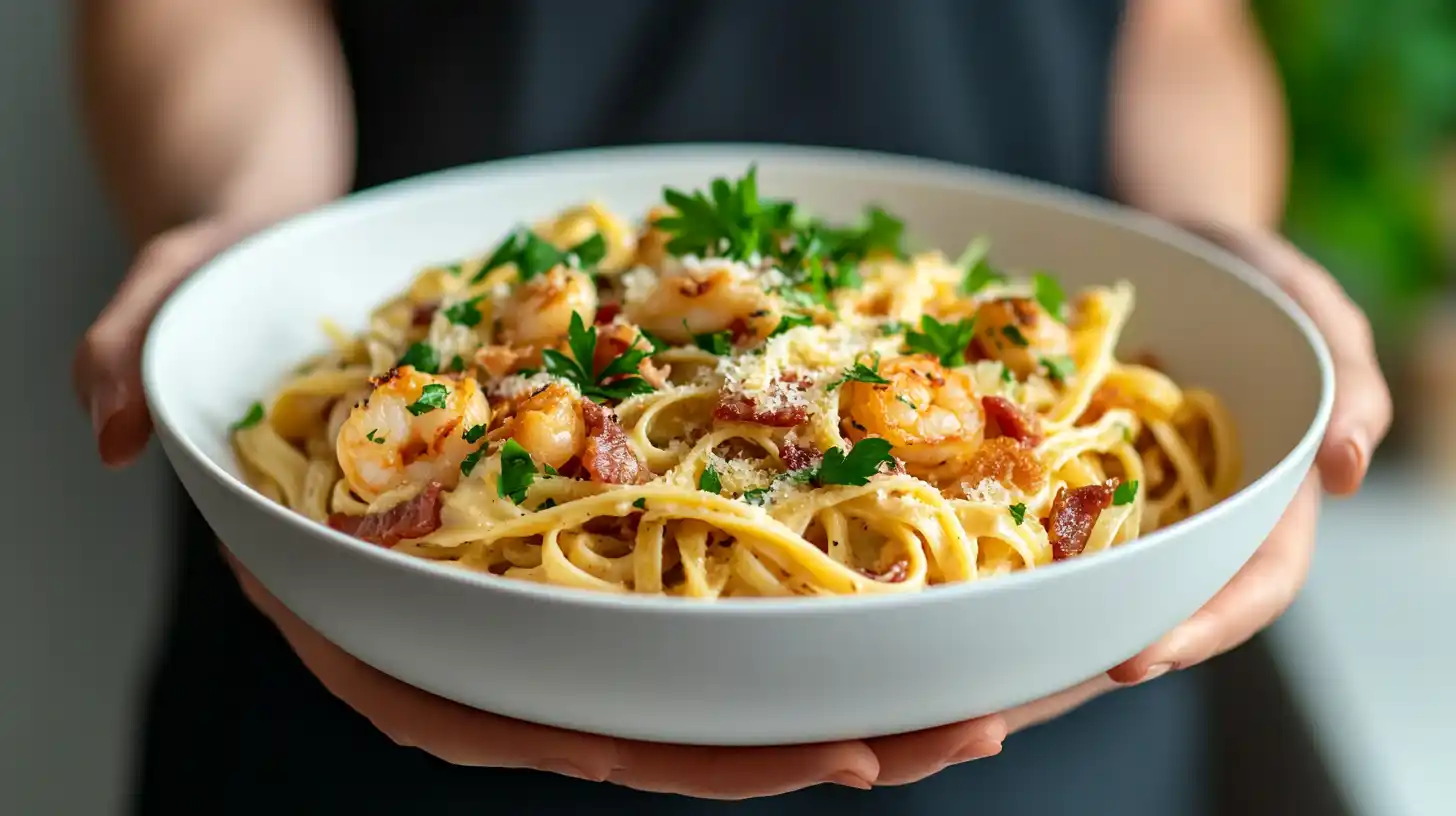 A bowl of chicken and shrimp carbonara with crispy bacon and Parmesan.