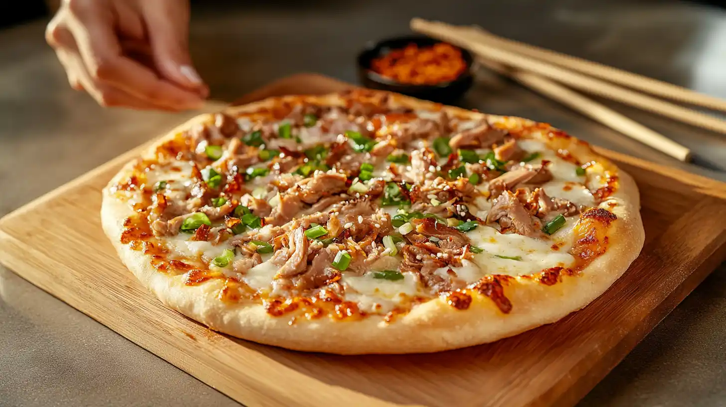 A crispy Chinese pizza with hoisin sauce, cheese, and scallions.