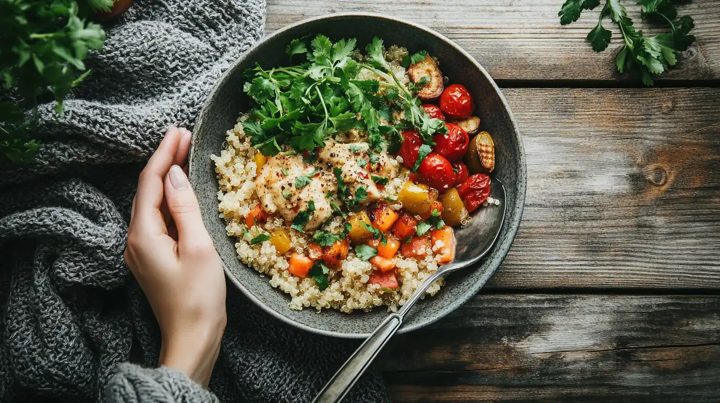 A high protein slow cooker meal with garlic butter chicken and quinoa.