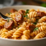 A bowl of Cajun sausage pasta with creamy sauce and fresh parsley.