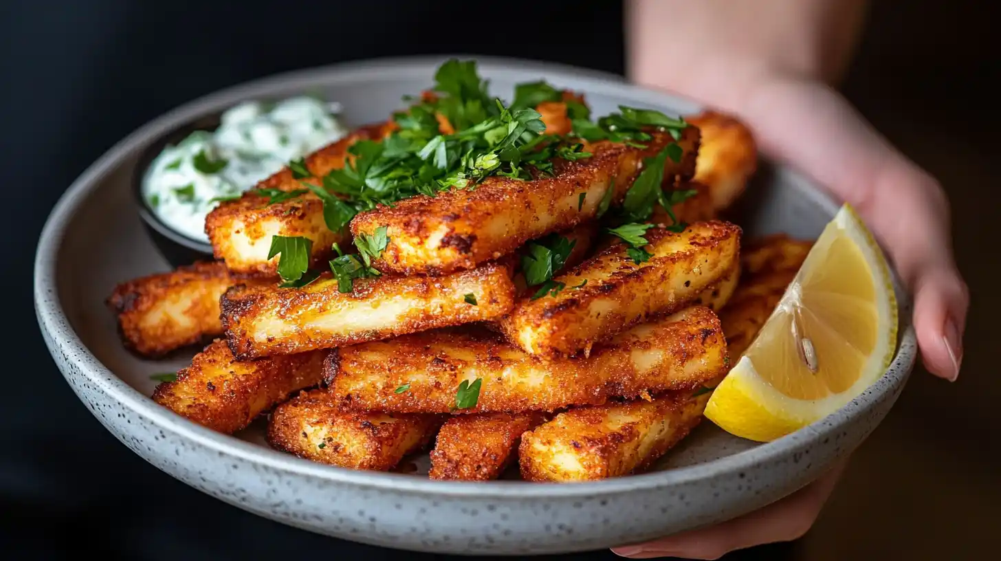 A plate of crispy halloumi fries with dipping sauces.