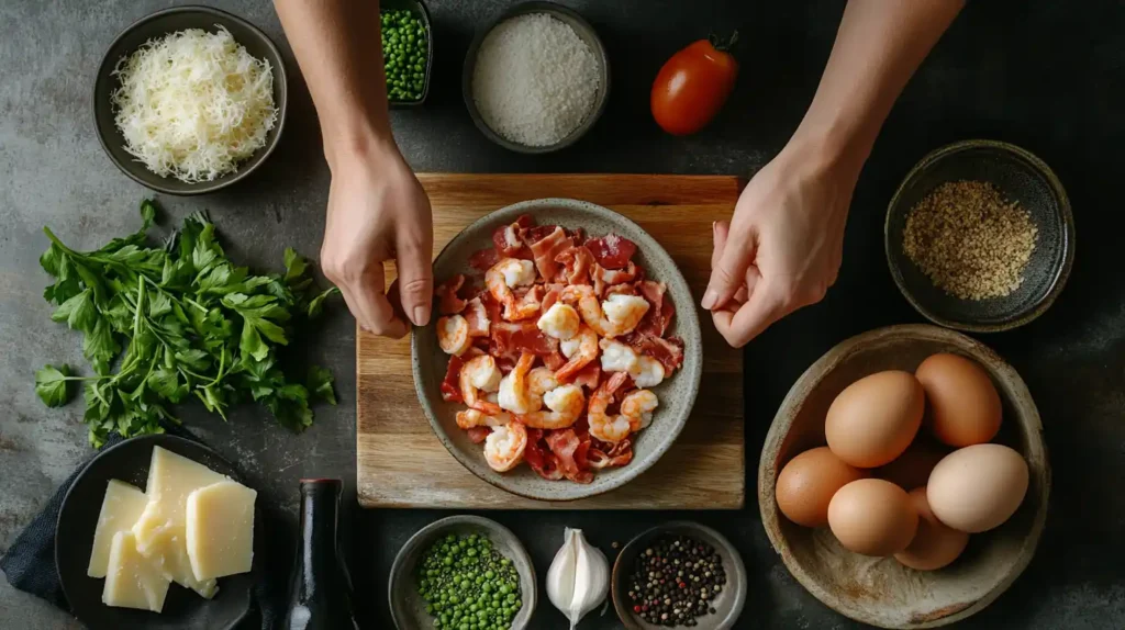 Key ingredients for making chicken and shrimp carbonara.