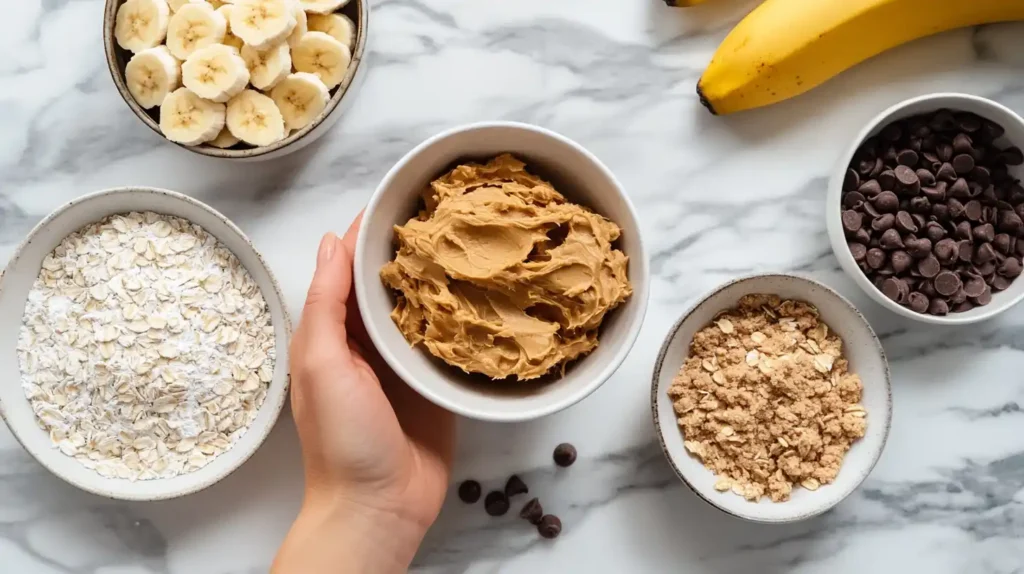 Fresh ingredients needed for making peanut butter banana cookies.