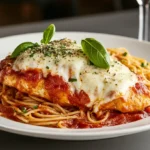 Chicken marinara with melted cheese and basil, served over pasta.