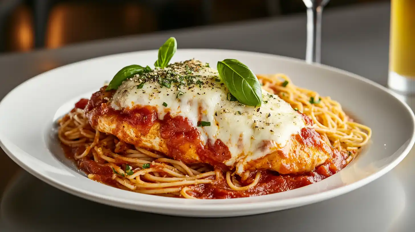 Chicken marinara with melted cheese and basil, served over pasta.