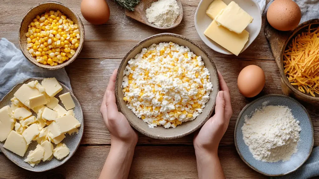 Fresh ingredients needed for Corn casserole with cream cheese.
